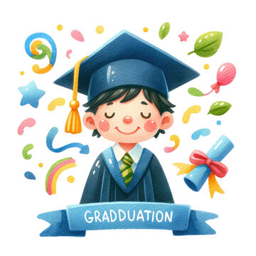 Graduation and achievement celebration. watercolor illustration for kids’ fashion artworks, children books, invitations, graduation cards, poster