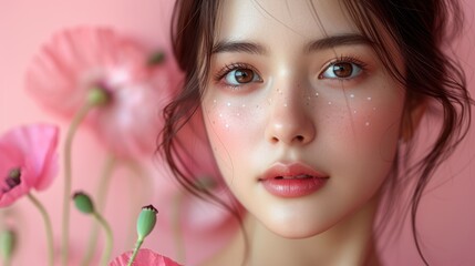 Obraz na płótnie Canvas Korean Beauty Surrounded by Soft Pink Poppies Portrait.