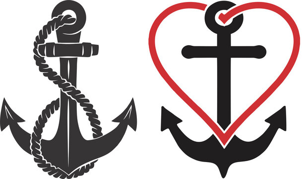 Boat Anchor icons with heart icon. Ships anchor and rope in a vintage woodblock style on transparent background. High quality image for reuse in shipping related poster or banner.