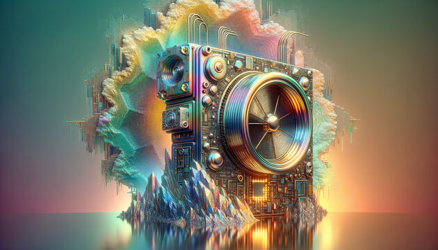 Y2K-inspired mining pool with serene chromatic backdrop and digital disintegration.
