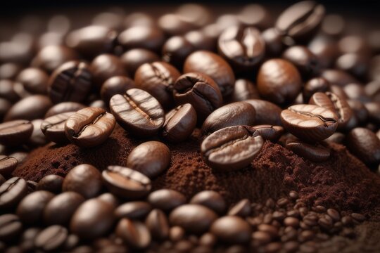 Coffee beans and ground coffee on wooden table. Selective focus.