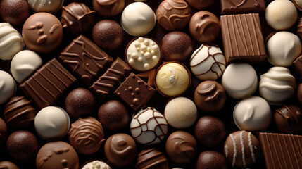 Fototapeta premium Assortment of chocolate candies, white, dark, and milk chocolate candies