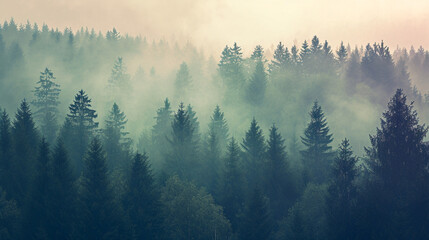 Fototapeta premium Misty landscape with fir forest in vintage retro style. wide-angle view. Generative Ai
