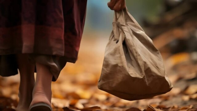 A single leaf falls gently onto the gravel path as an elderly woman trudges along her skin sagging and wrinkled after many years of