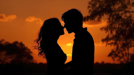Fototapeta premium Silhouette of a couple kissing at sunset