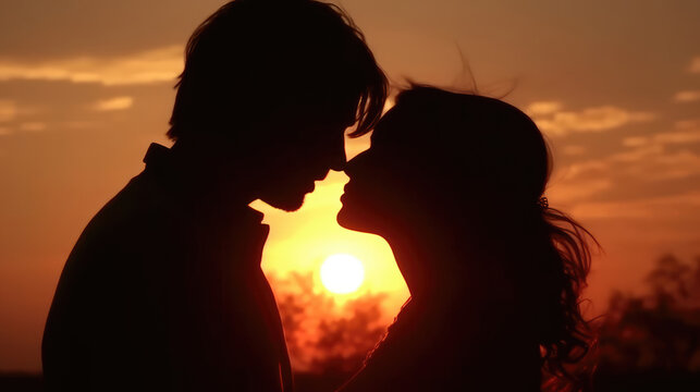Silhouette of a couple kissing at sunset
