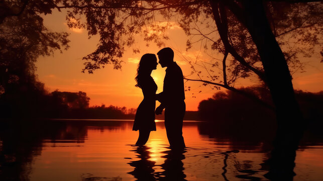 Silhouette of a couple kissing at sunset