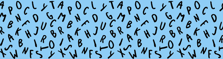 template with the image of keyboard symbols. set of letters. Surface template. pastel blue background. Horizontal image. Banner for insertion into site.