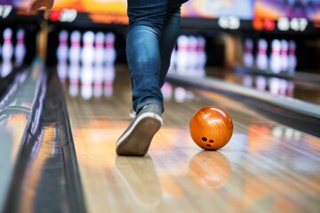 A man rolling a bowling ball down the lane
