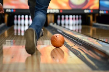 A man rolling a bowling ball down the lane - obrazy, fototapety, plakaty