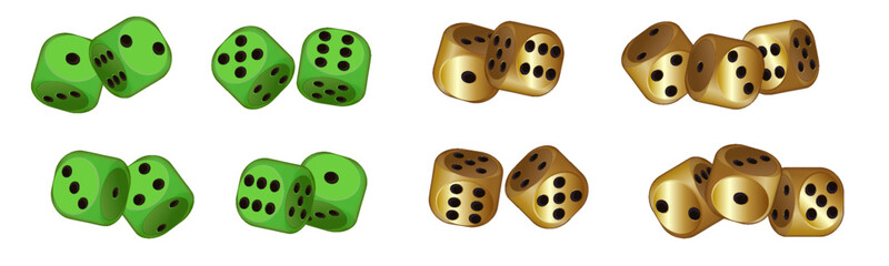 Dice. Set of 3d golden or yellow craps with black dots. Play casino and win jackpot. Vector illustration