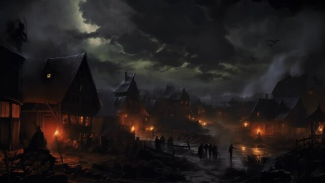 A dark and menacing presence looms over an entire village casting a powerful gloom Fantasy art concept. .