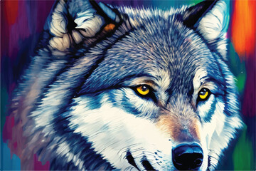 Wolf Oil painting. Colorful oil painting of a wolf.  Wild nature powerful leader animal symbol. oil painting illustration. wild animal oil painting. Majestic wolf, colorful portrait, oil painting.