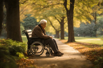 A lonely elderly man sitting on a bench in a park