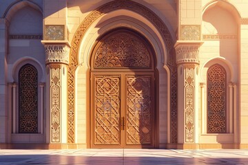 mosque door at sunset. The mosque is decorated with Islamic patterns.