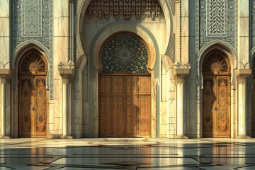 Obraz premium mosque door at sunset. The mosque is decorated with Islamic patterns.