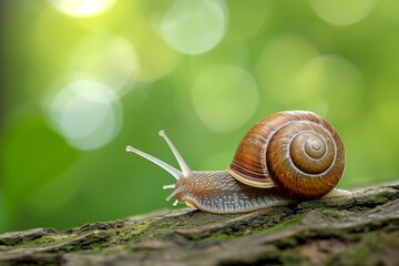 A brown snail racing on a green background at the wood