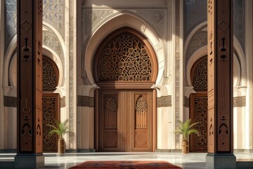 mosque door at sunset. The mosque is decorated with Islamic patterns.