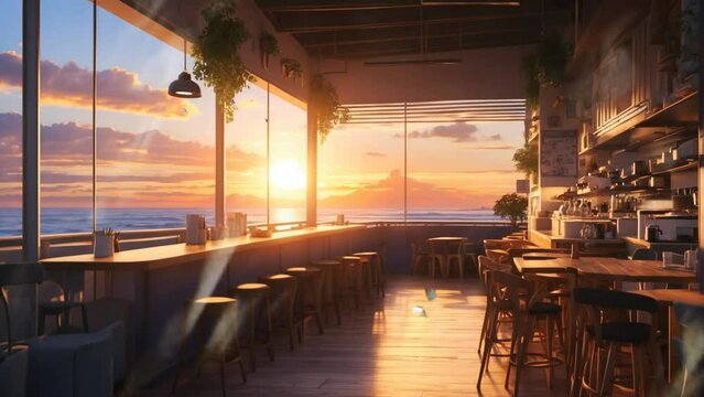 Cafe vibes with sunset view, Anime illustration style. smooth looping time-lapse 4k animation video background