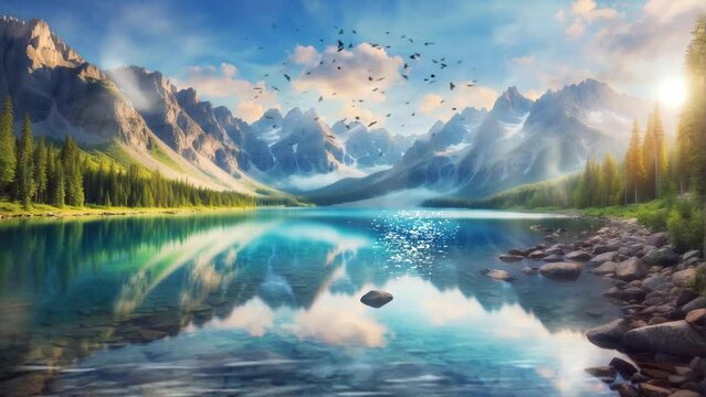 Beautiful natural scenery with sunrise sky. reflection of mountains on the lake. The sun rises over the lake. 4K seamless looping overlay virtual video animation backgrounds 