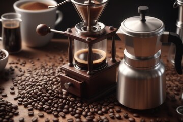 Coffee grinder with cup of coffee and beans on table