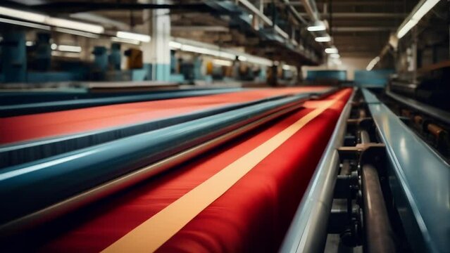a long conveyor belt rolls of fabric are sent through a series of cleaning and pressing machines. As the fabric passes through it is pressed stretched and steamed to get rid of faint creases and