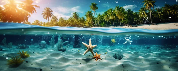 Fotobehang tropical island split view with vivid underwater life © iwaart