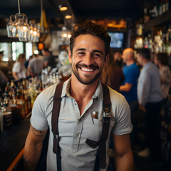 portrait of a man in the city portrait of a man bartender in a bar with nice smile