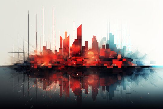 Abstract Business Background with Double Exposure of Red and Blue-Toned elements and Business Skyscrapers Buildings. Ai generated