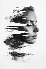 Fine Art Portrait of a Girl with Closed Eyes, Double Exposure with Brush Stroke, Black and White, High Contrast