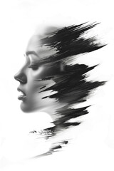 Fine Art Portrait of a Girl with Closed Eyes, Double Exposure with Brush Stroke, Black and White, High Contrast