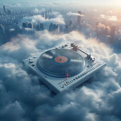 ufo flying over the clouds  with dj mixer and headphones