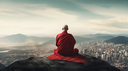 Fototapeta na wymiar Buddhist monk dressed in red , bald head, meditates on mountain top and looks at city. Serene Buddhist Monk in Red Contemplates Cityscape from Mountain Summit. Ai generated