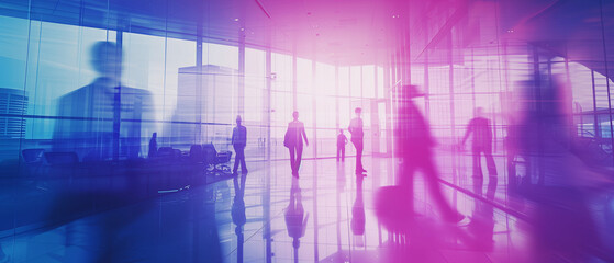 Wide Business Banner with Blurred Business People, Buildings, and Architectural Details in Blue and Pink-Purple Hues. Ai generated