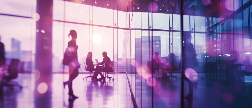 Wide Business Banner with Blurred Business People, Buildings, and Architectural Details in Blue and Pink-Purple Hues. Ai generated