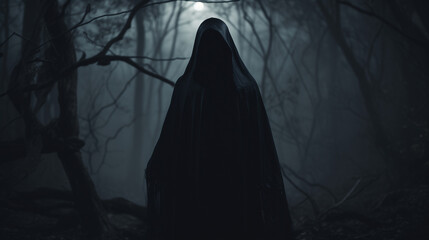 Forest Ghost, Cinematic Night Shot Captures Ghostly Figure in Enigmatic Forest, Face Shrouded in Total Darkness. Ai generated
