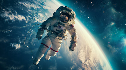 stock image of a spacewalk, astronaut tethered to a spacecraft with Earth reflecting off the visor, symbolizing exploration - obrazy, fototapety, plakaty
