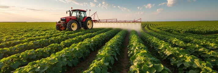 Spraying herbicides on a soybean field using a tractor. Generative Ai. - obrazy, fototapety, plakaty