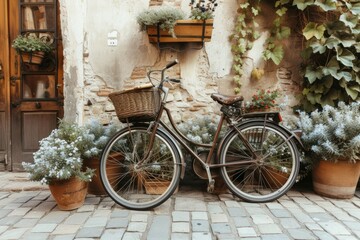 Fototapeta na wymiar bicycle leaning against a charming cobblestone wall 