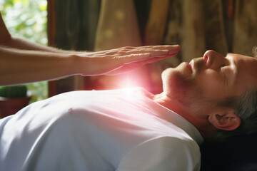Energetic Connection: Master Guides Reiki Session, Channeling Healing Energy Through Gentle Touch. Ai generated