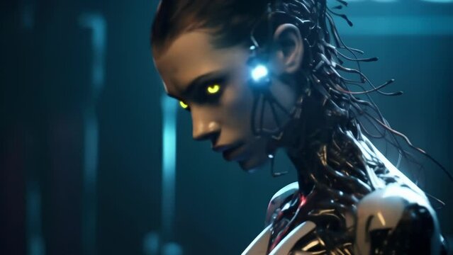 A female cyborg with a neural chip implant fused into her skin to represent seamless integration between technology and cyberpunk art