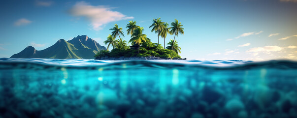 Serene Tropical Island As Seen Above and Below Crystal Clear Water - obrazy, fototapety, plakaty