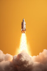 A powerful visual as a rocket ascends, leaving a trail of smoke against a vibrant yellow backdrop, symbolizing the dynamic energy of liftoff. Ai generated
