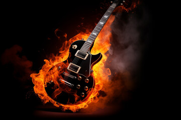 Rock guitar on fire isolated on black background. Ai generated