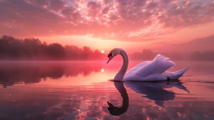 Foto op Canvas Graceful swan reflection on a lake, gracefully drifting on a calm water, vibrant pink and purple hues from the setting sun. Ai generated © twindesigner