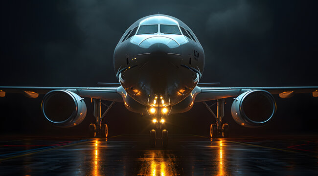 Backlit image of passenger airplane standing stationary on airport apron. Low evening sun creates a long shadow of aircraft silhouette on concrete surface