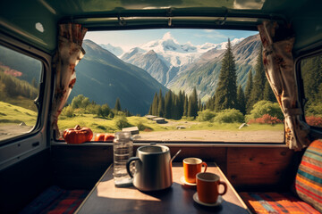 Amazing View from inside a campevan with breakfast and coffee cups on a table and mountains in the background, vintage campervan look. Ai generated