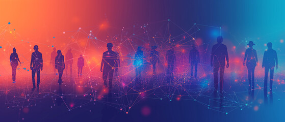 A visually striking banner celebrating unity and connection, portraying diverse people shapes interlinked by dots and lines in a vibrant color palette of blue, orange, and purple. Ai generated