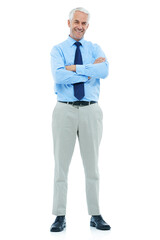 Studio, portrait or mature businessman happy in career and confident professional with arms crossed. Senior accountant, face or smile for auditing job in corporate or positive by white background