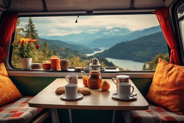 Amazing View from inside a campevan with breakfast and coffee cups on a table and mountains in the background, vintage campervan look. Ai generated